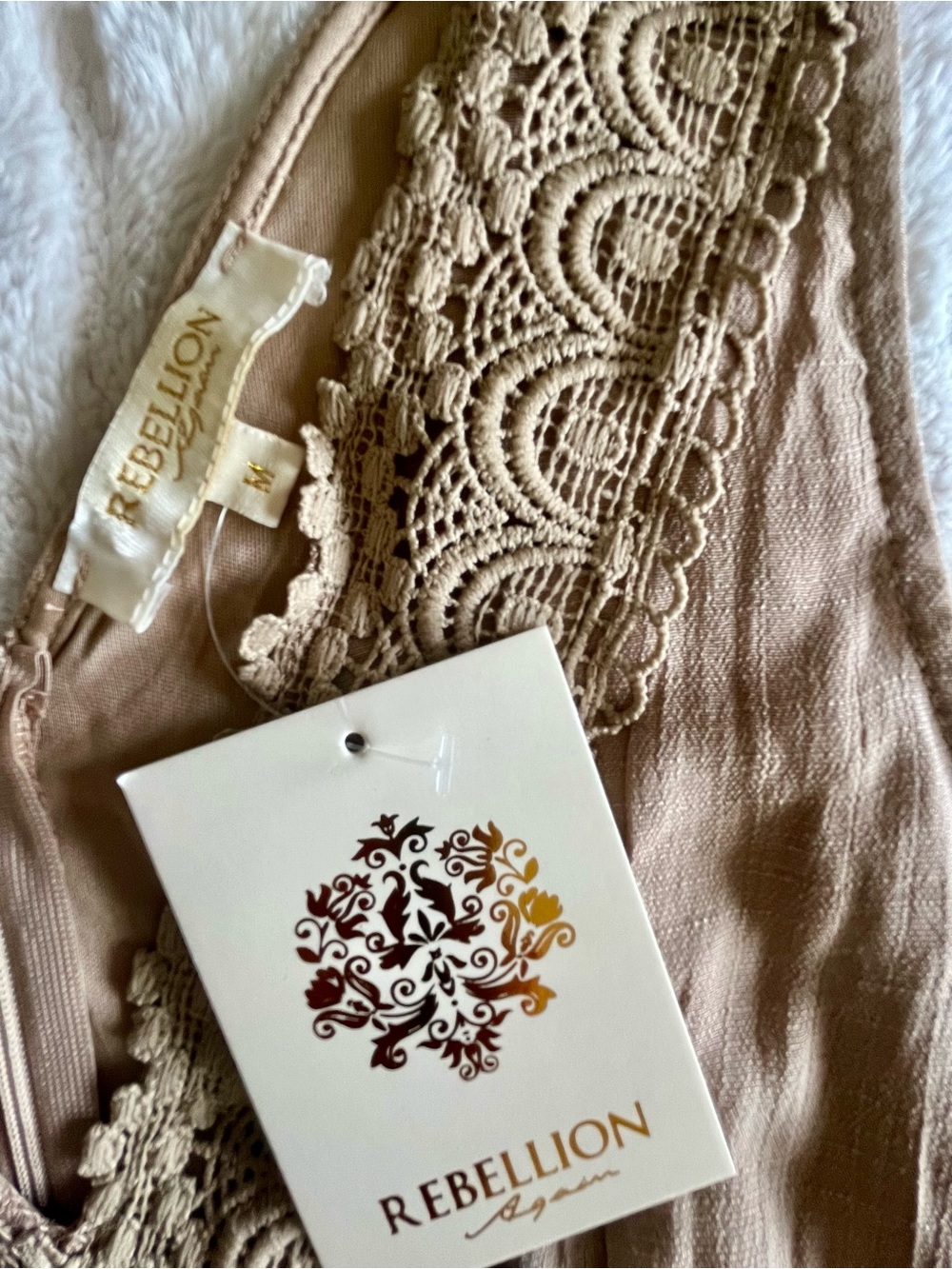 Rebellion Cottagecore Boho Taupe Crochet Lace-Trim Tiered Maxi Dress US M ✨NWT - Picture 10 of 16